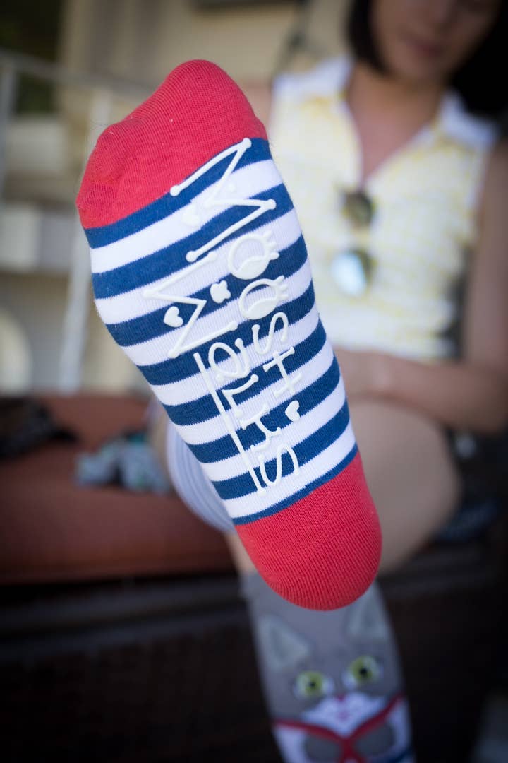 Mushka Cat Socks nautical stripes cool animals kids / adults