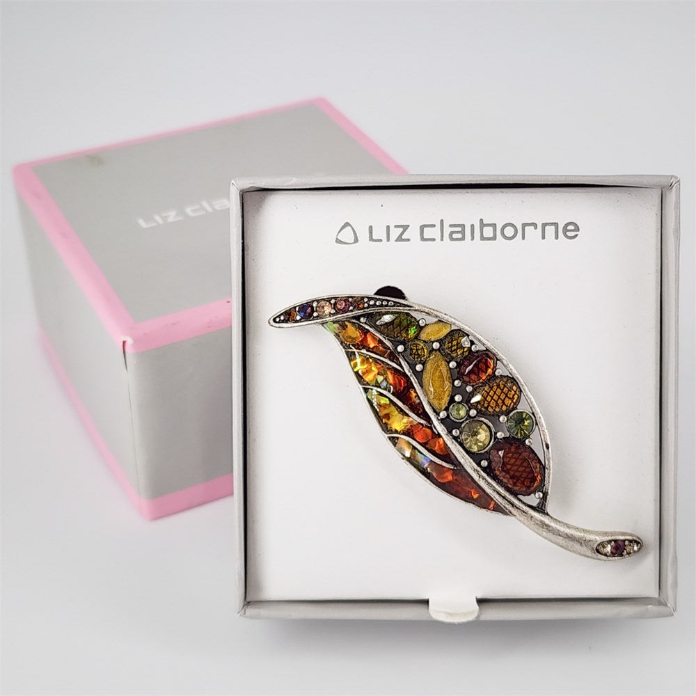 LIZ CLAIBORNE Rhinestone Leaf Brooch