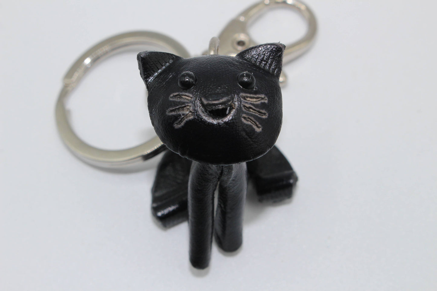 Handmade leather black baby cat kitten key chain purse charm