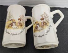 2  Ceramic Mid century Happiness Salt & Pepper Shakers w/ Handle