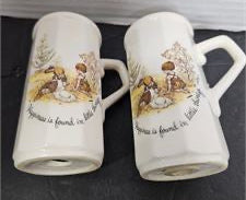 2  Ceramic Mid century Happiness Salt & Pepper Shakers w/ Handle