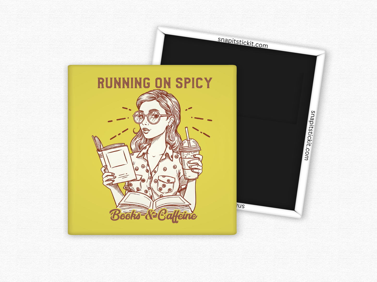 Running on Spicy Books & Caffeine – Funny Magnet for Book Lovers and Coffee Addicts