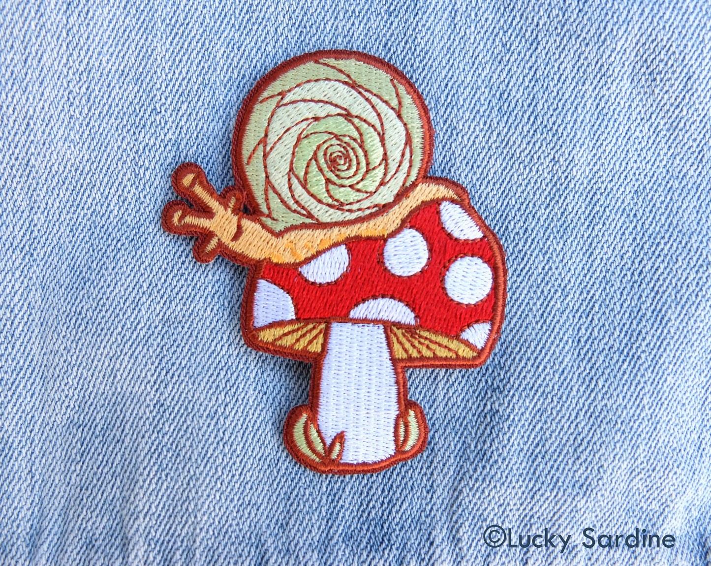 Snail On A Toadstool, Mushroom Embroidered Patch