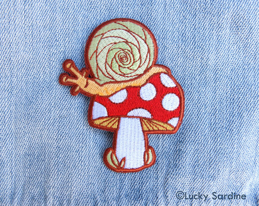 Snail On A Toadstool, Mushroom Embroidered Patch
