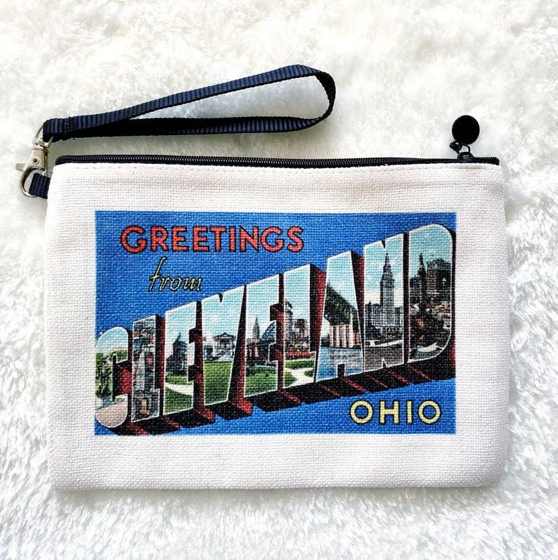 Cleveland Ohio Vintage Postcard Wristlet Pouch Makeup Bag