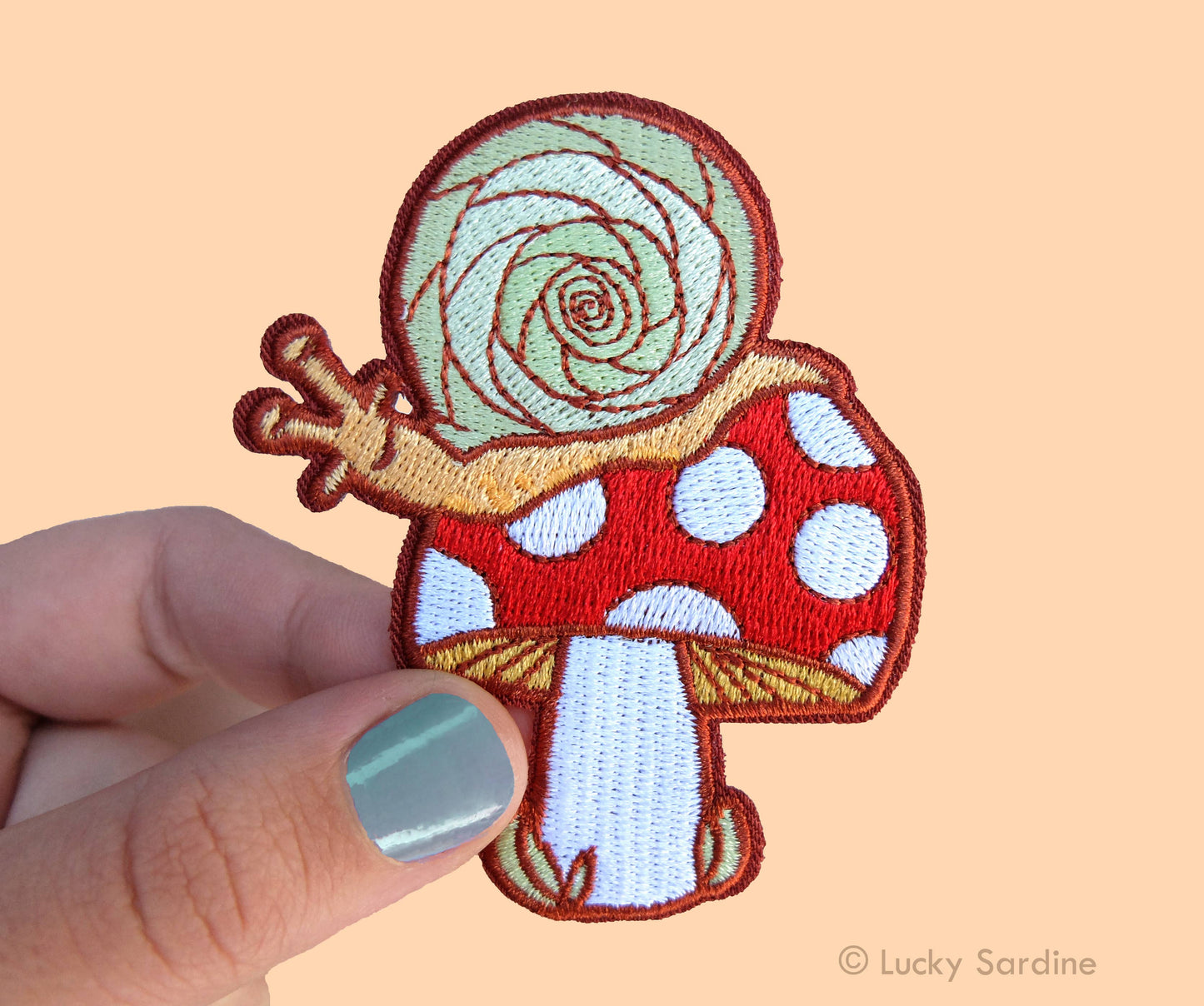 Snail On A Toadstool, Mushroom Embroidered Patch