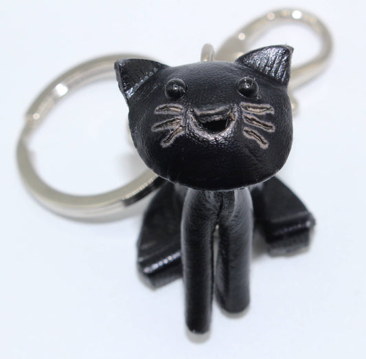 Handmade leather black baby cat kitten key chain purse charm