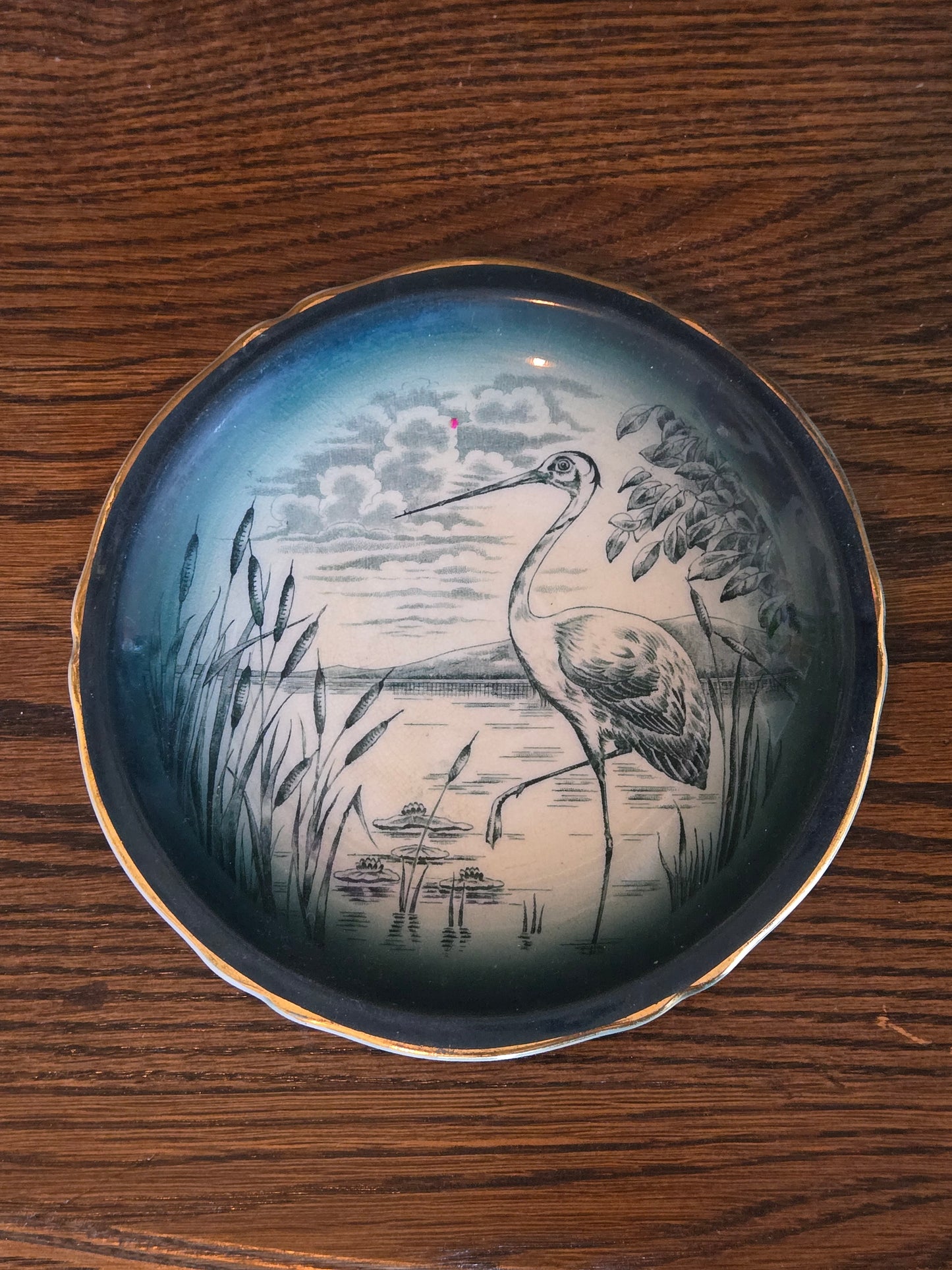 Teal dish with a crane